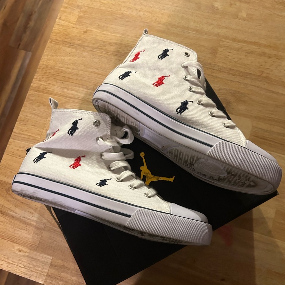 Polo by Ralph Lauren White High-Top Sneakers with Red and Blue Accents